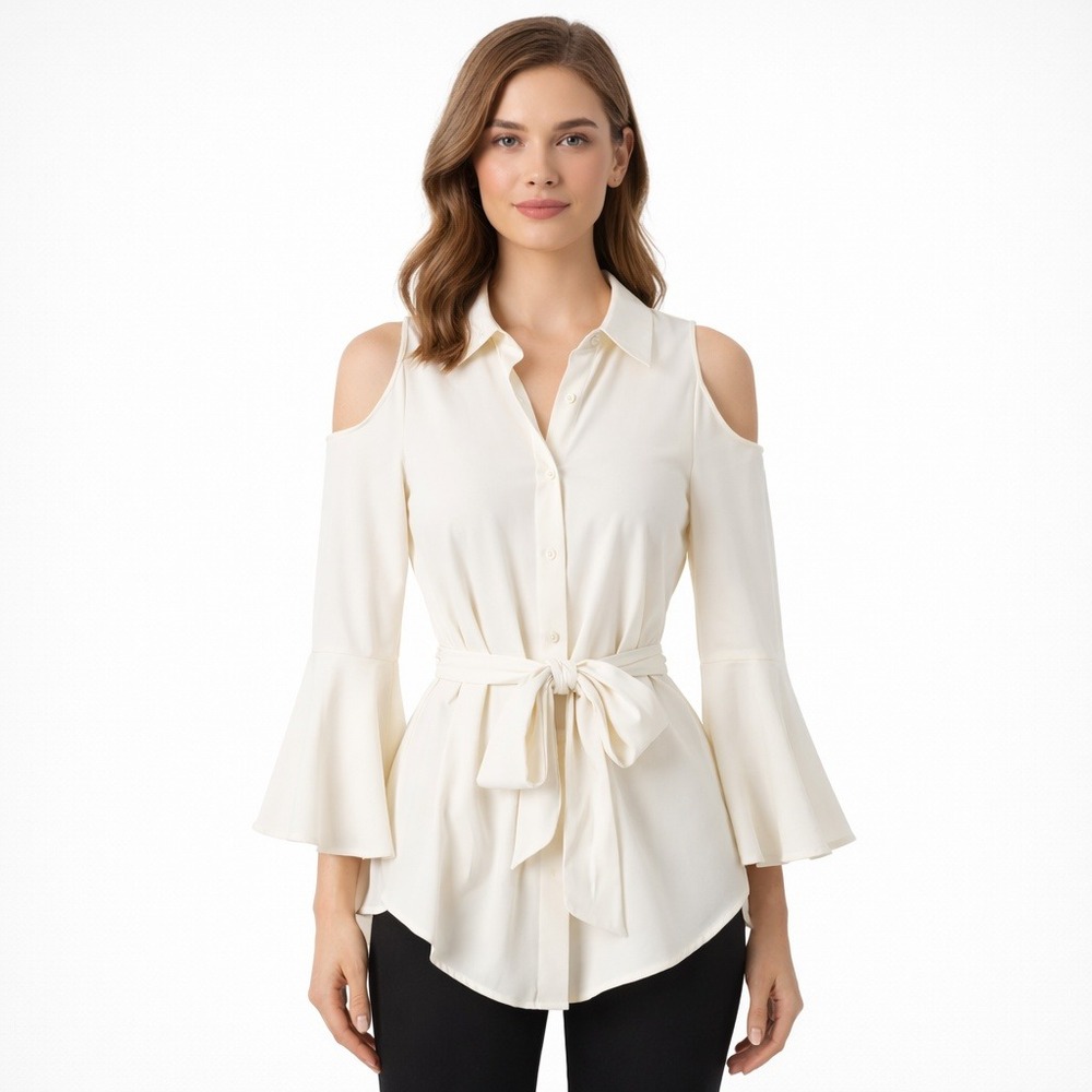 Antonio Melani Shiloh Blouse S Ivory Cold Shoulder Bell Sleeve Tie Waist Top NWT